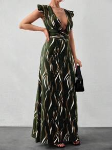 EURMUSE Striped V-Neck Button Detailed Dress - Green - View 4