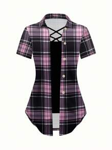 EMERY ROSE AB Plaid Splicing Turn-Down Collar Short Sleeve Tee, 2 In 1 Graphic Tees Women Tops - Multicolor - View 3