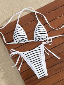 Swim Mod Women's Elegant White Black Zebra Stripe Textured Halter Triangle Bikini Set, 2026 Animal Print Figure-Flattering High Cut Cheeky Two Pieces Swimwear With Self-Tie Straps, Multi-Color Polka Dot Print, Casual Ruched Texture Zebra Print Bikini For Summer Vacation Resort Wear, Holiday Outfits Pool Party White Black Striped Beachwear For Women - Black and White - View 5
