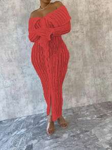 时尚提花露肩开衩紧身长裙，适合春夏季 - 紅色 - 查看 5