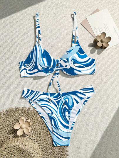 SHEIN Swim Women's Random Printed Simple Daily Bikini Set Summer Beach