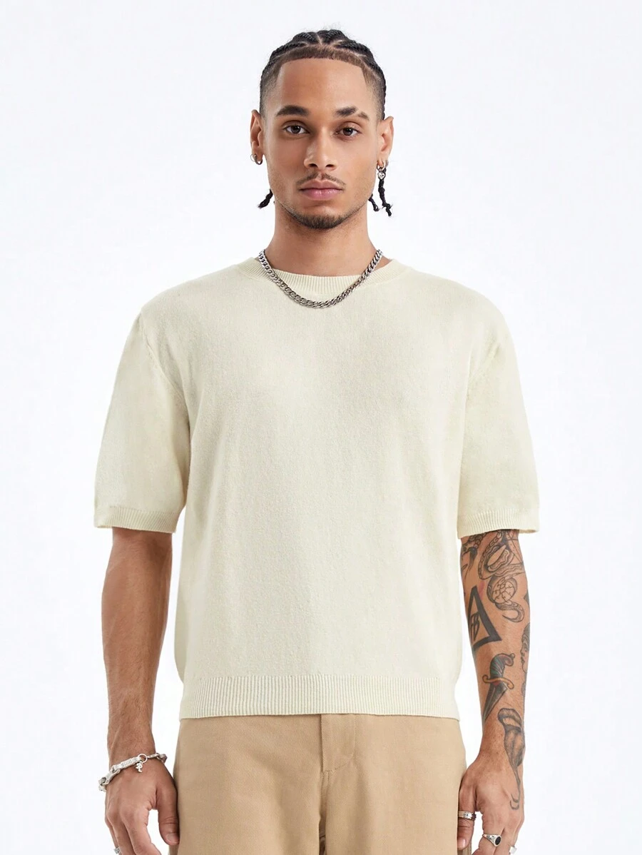 Manfinity Roghcode Men's Solid Color Round Neck Short Sleeve Knitted Top For Summer