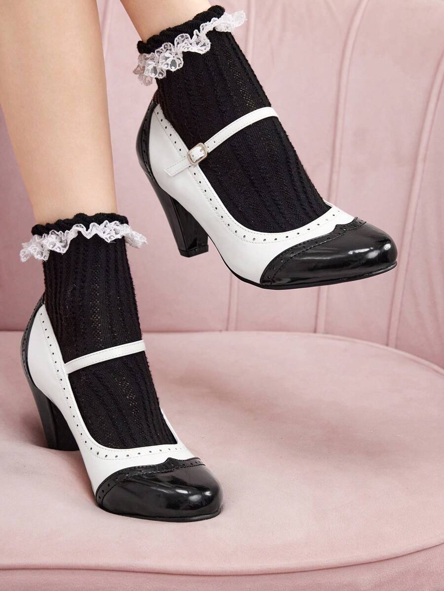 CUCCOO DOLLMOD Vintage Black & White Patterned High Heel Shoes Spring Shoes Spring Break Easter For Christmas