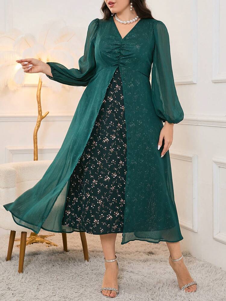 Plus Size Patchwork Small Floral Print V-Neck Dress With Bust Ruffle And Lantern Sleeves,Elegant Evening Party Dress Long Evening Dresses