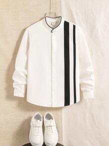 SHEIN Tween-Jungen Kinder/Casual College-Stil Farbblock Strickhemd mit rundem Ausschnitt und Knopfleiste vorne, lange Ärmel