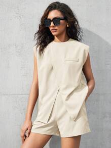 BizChic 女士夏季休闲纯色宽肩带开衩衬衫和短裤套装