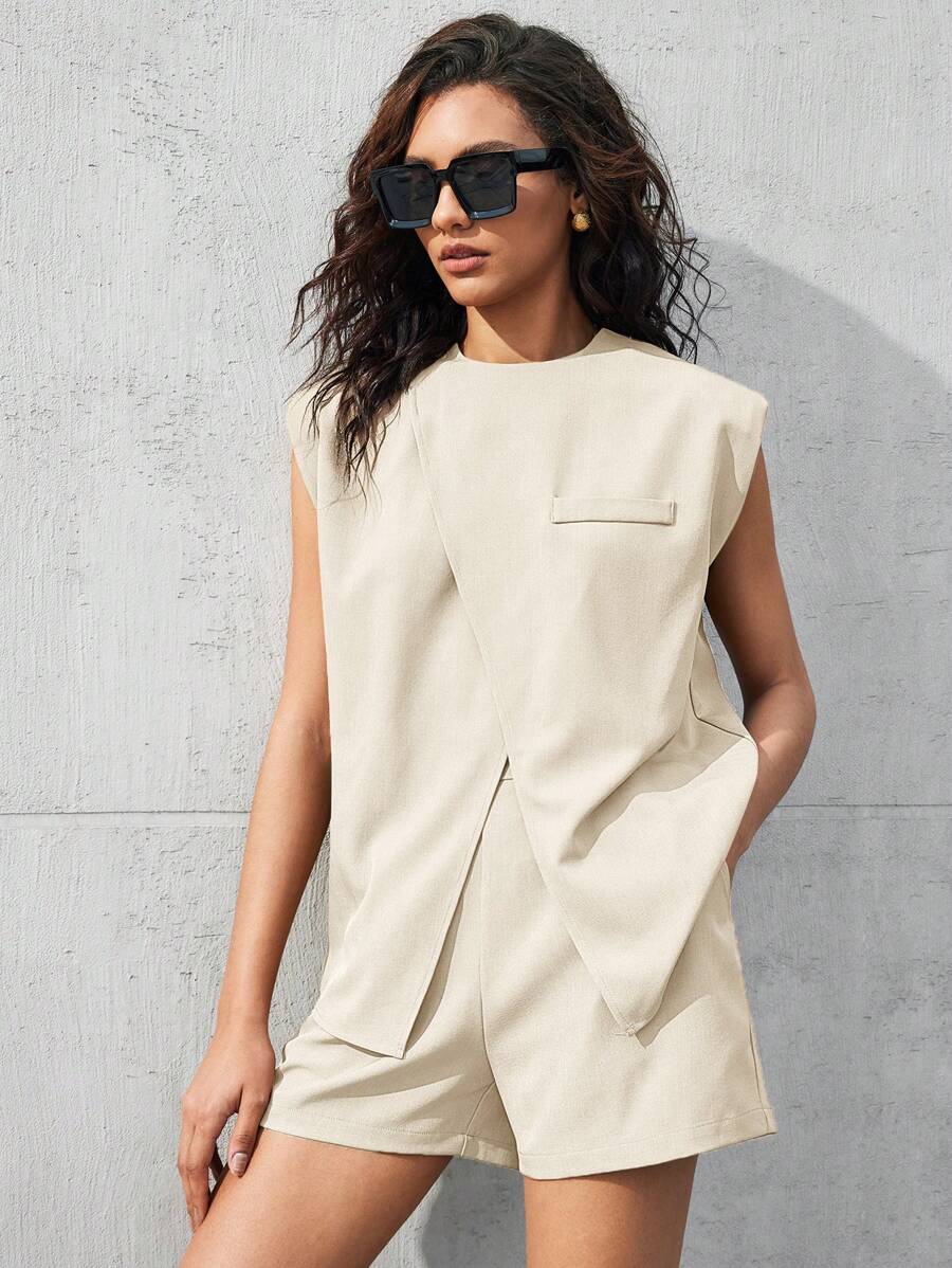 BizChic 女士夏季休闲纯色宽肩带开衩衬衫和短裤套装