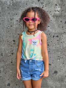 Girls' Tie-Dye Vest And Blue Denim Shorts Set, 2pcs
