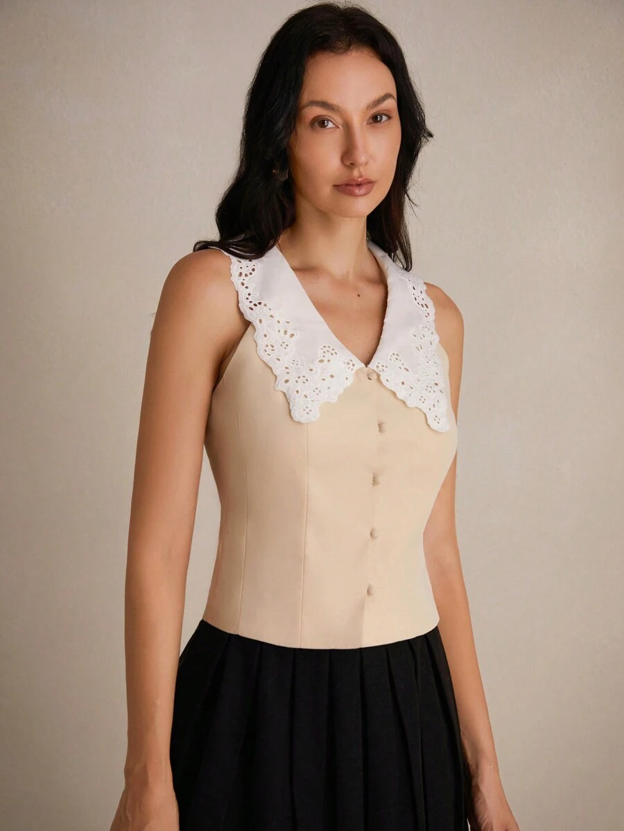 Aveloria Random Hollow Out Embroidery Patchwork V-Neck Sleeveless Short Slim Tank Top For Women, Summer - Apricot - View 1