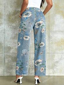 90s Vintage Floral Print High Waist Slant Pocket Wide Leg Jean Casual Street Hottie Outfit