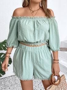 SHEIN Clasi Plus Size Women's Solid Color Minimalist Daily Off-Shoulder Top And Shorts Set - Mint Green - View 4