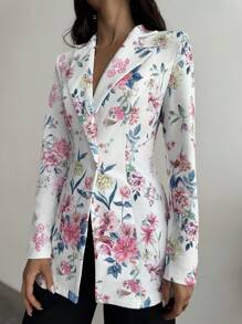 SHEIN Privé Floral Print Single Button Lapel Collar Blazer - Multicolor - View 5
