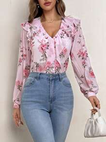 SHEIN Privé 女性夏季透視花卉印花雪紡襯衫，燈籠袖和荷葉邊設計，適用於日常穿著、沙灘、浪漫約會、婚禮儀式、音樂節 - 彩色 - 查看 3