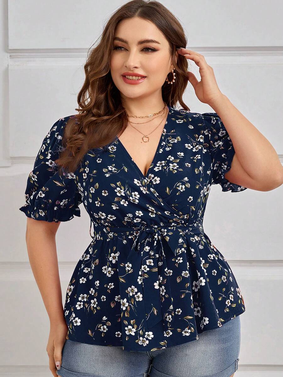 SHEIN Clasi Plus Size V-Neck Cross Wrap Belted Short Sleeve Shirt For Summer - Multicolor - View 1