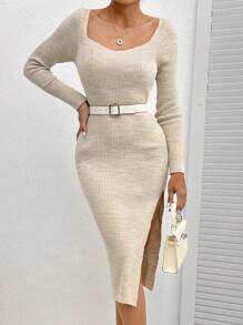 EURMUSE Sweetheart Neck Split Thigh Sweater Dress - Apricot - View 3
