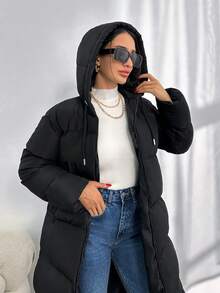 EURMUSE Lange gesteppte Jacke mit Kapuze, Reißverschluss und Kordelzug, Winterbekleidung - Schwarz - Übersicht 4