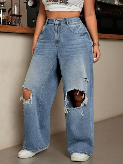 SHEIN ICON Plus Size Distressed Wide Leg Jeans With Pockets, Casual