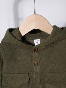 1 pieza Chaqueta con capucha de pana con parches de patchwork para niño pequeño para uso diario, campus o actividades al aire libre en primavera u otoño