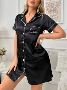 LuxeNights Contrast Trim Embroidery Lapel Open Front Ladies' Pajama Night Dress With Pockets Luxeloungewear, Moo Moo Night Dress - Black - View 1