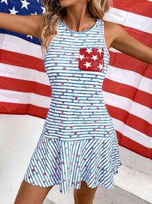 SHEIN Essnce Summer/Autumn Ladies' American Flag Independence Day Red Striped Pentagram Printed Tank Dress