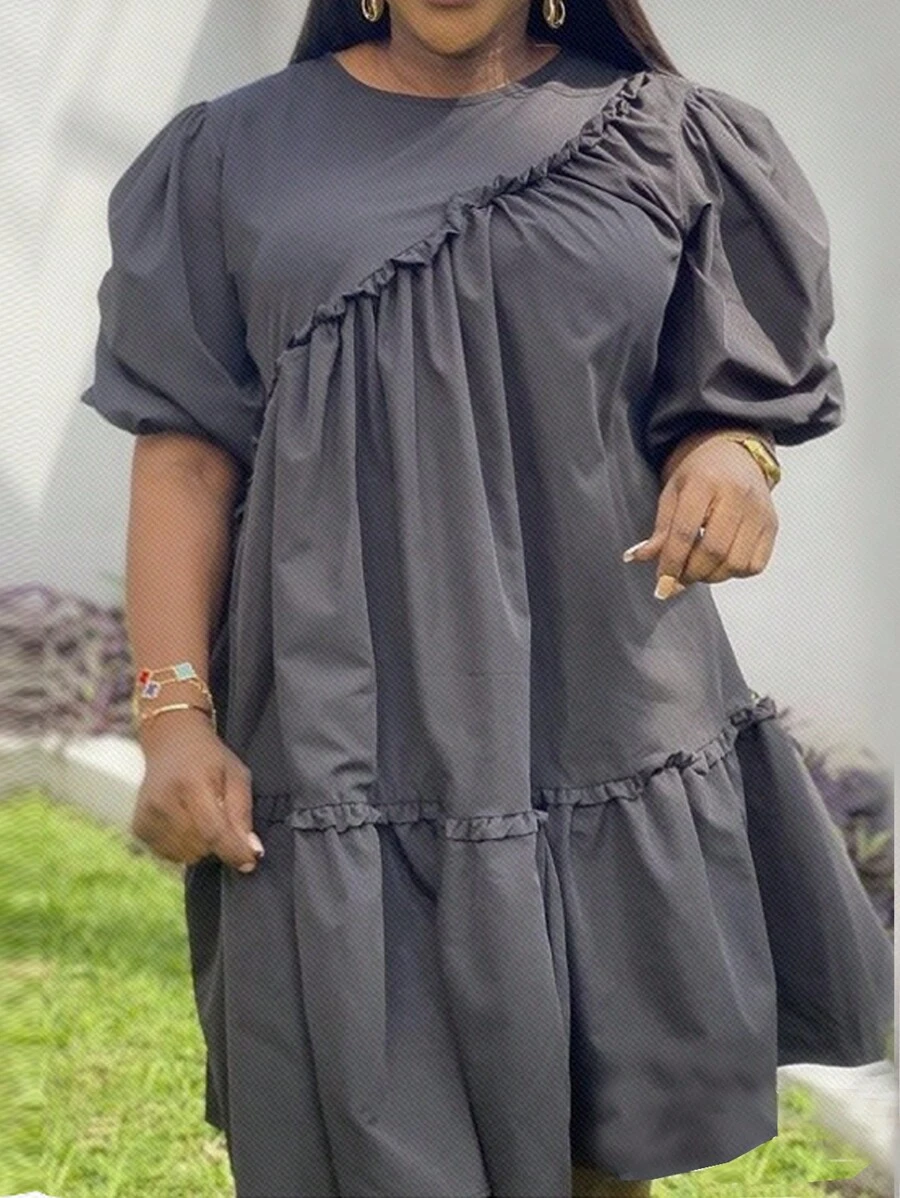 Slaydiva Plus Size Solid Color Loose Babydoll Dress - Black - View 1