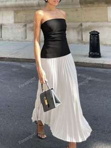 Color Block Pleated Strapless Dress