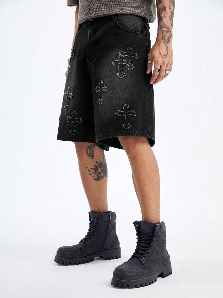 国内で当店のみ DND4DES - Cross Panel Denim Shorts DND4DES Croc Cross Panel Washed Bermuda Denim Shorts