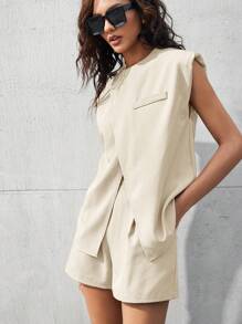 BizChic 女士夏季休闲纯色宽肩带开衩衬衫和短裤套装