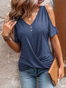 INAWLY 女士夏季純色露肩短袖十字交叉休閒T恤