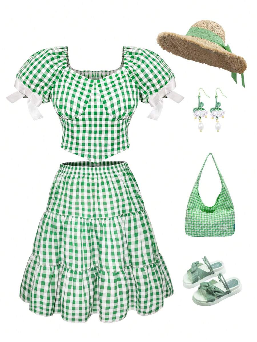 Summer Teen Girls' Vintage Sweet Puff Sleeve Fresh Gingham Top With Cake Patchwork Designed Skirt Set, Perfect For Vacation Party And Daily Commute - Green - View 1