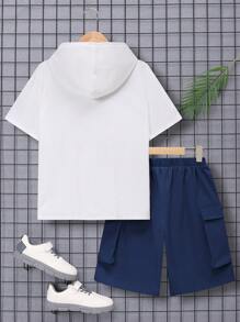 SHEIN 青少年男孩鬆身休閒連帽上衣加短褲2件套裝 - 藏蓝色 - 查看 2