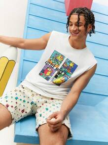 Mr Men Little Miss X SHEIN Men Casual Knitted Cartoon Illustration Printed Tank Top For Summer - White - View 1