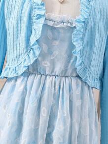 夏季Tween女孩ELGANTZ優雅的娃娃邊長袖開衫和花卉印花Cami裙套裝，輕盈的提花紋理，完美適用於派對和度假