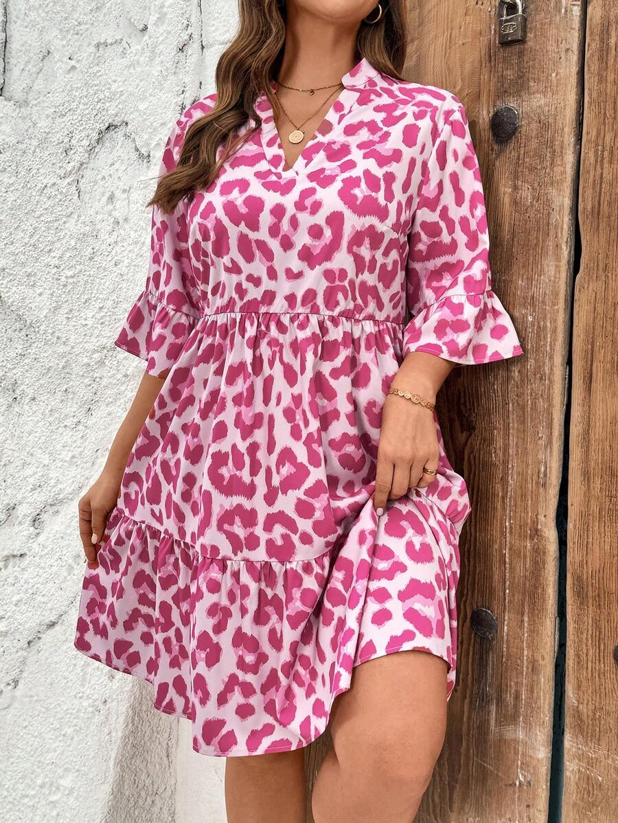大尺碼休閒度假豹紋印花中開叉領洋裝 - 粉色 - 查看 1
