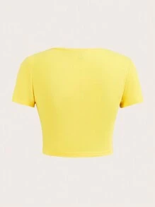 Slaydiva 休闲街头风/百搭性感/修身印花圆领短袖宽松露脐T恤，适合夏季穿着 - 黃色 - 查看 2