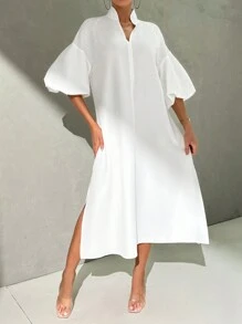 SHEIN Privé Ladies' Elegant Summer Lantern Sleeve Midi Loose Dress With Stand Collar, Suitable For Daily Wear, Vacation, Beach, Romantic Dates, Weddings, And Evening Parties