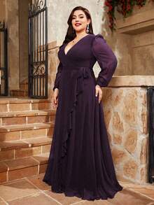 大码不对称交叉 V 领长袖雪纺连衣裙，带褶边优雅伴娘礼服 - 紫色 - 查看 5