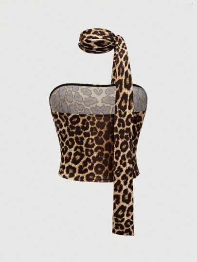 Grunge Punk Top corto sin tirantes con pliegues estrechos y estampado total de leopardo para mujer en estilo Y2K Gyaru