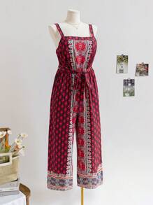 Soleia Plus Size Women's  Music Festival Positioning Cinched Waist Strap Sleeveless Wide Leg Loose Jumpsuit, Summer