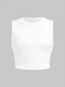 SHEIN Tween Girls' Knitted Solid Color Vest And V-Waist Skirt Sports Two-Piece Set - White - View 7