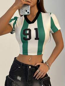 SHEIN Unity 女士夏季休閒運動條紋數字標誌印花短款T恤 - 白色 - 查看 3