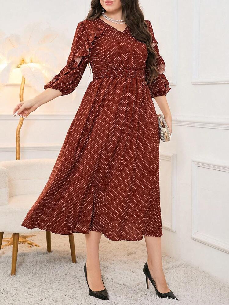 Plus Size Women's Polka Dot Print Dress With Ruffled Hem And Cinched Waist