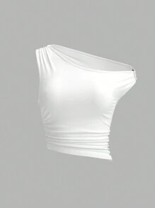 SHEIN ICON 女性Y2k夏季性感時尚純色褶皺修身露肩無袖不對稱斜肩白色上衣 - 白色 - 查看 2