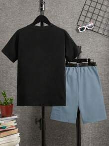 SHEIN 少年男孩休閒舒適短袖t卹與字母印花實用短褲套裝 - 藍色 - 查看 2