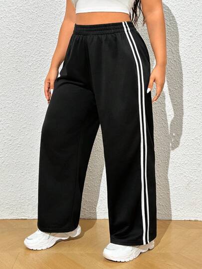 SHEIN EZwear Pantalones informales de talla grande con rayas laterales negras