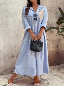 Calvaya Plus Size Blue & White Striped Loose Shirt Dress For Women