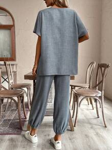 SHEIN LUNE Damen Sommer Outfit aus loser Leinen Bluse und Haremshose Zweiteiler - Grau - Übersicht 2