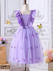 SHEIN 青少女蝴蝶3D蕾絲優雅甜美精緻連衣裙 - 紫色 - 查看 2