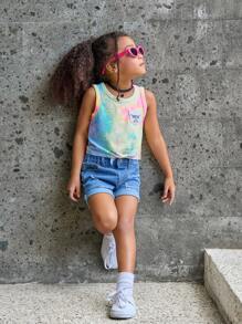Girls' Tie-Dye Vest And Blue Denim Shorts Set, 2pcs