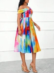 SHEIN Lady Casual Women Dresses Women's Oblique-Shoulder Colorful Tie-Dye Printed Countryside Music Festival Dress